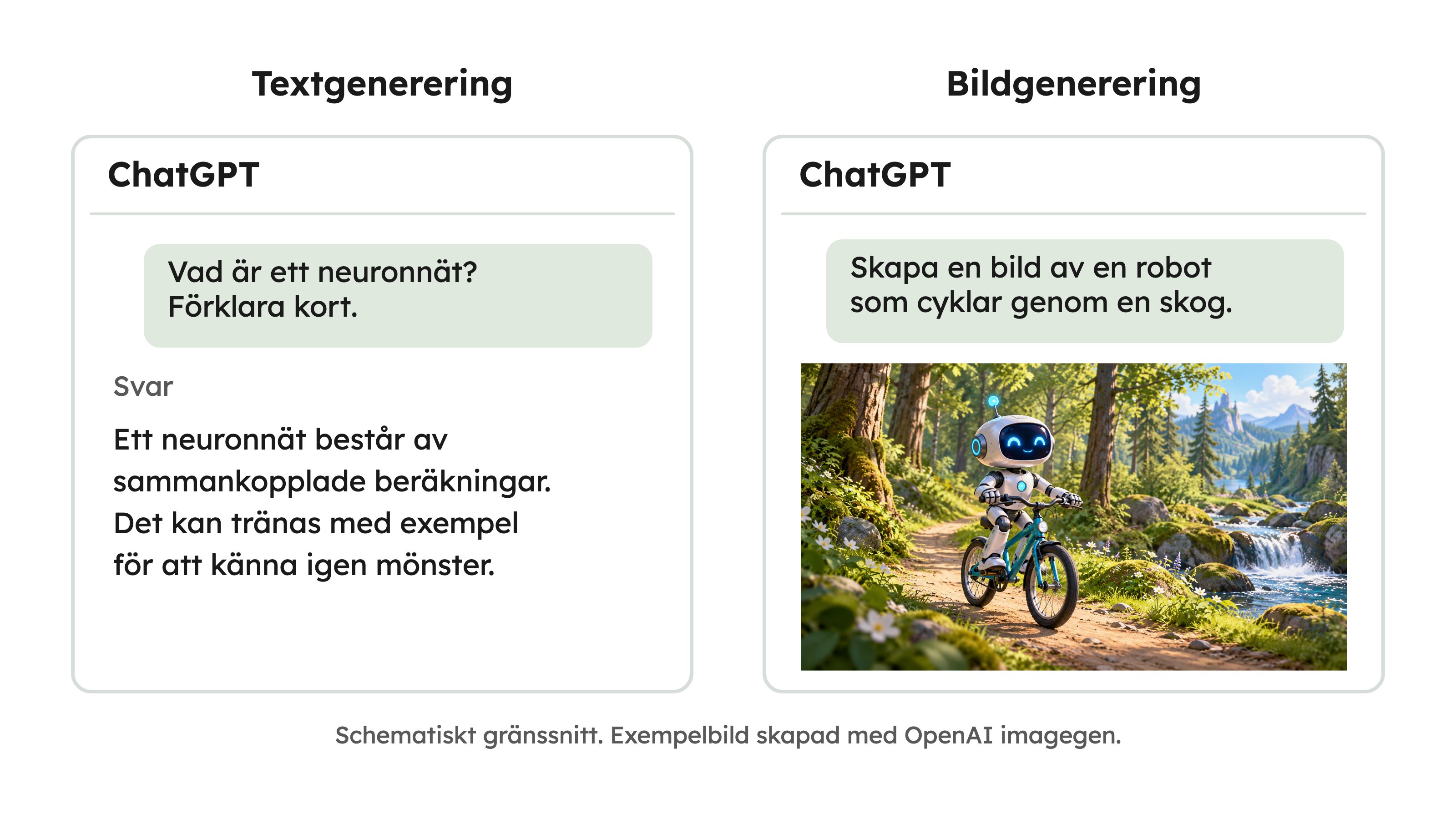Ett schematiskt ChatGPT-gränssnitt visar ett kort textsvar och en AI-genererad bild av en robot som cyklar genom en skog. Bilden exemplifierar textgenerering och bildgenerering, utan att ange modellarkitektur.