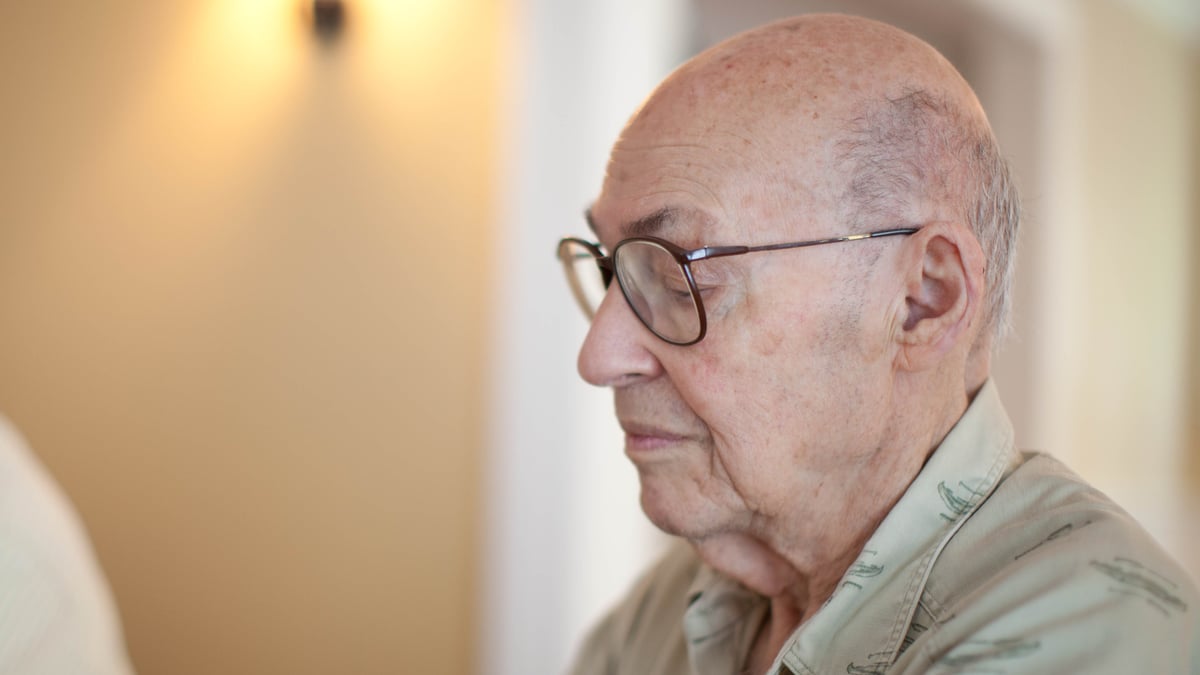 Marvin Minsky sitter framför en mörk vägg och tittar mot kameran.