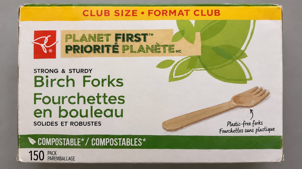 Vilka miljöpåståenden gör förpackningen – och vilken information behöver du för att kunna bedöma dem? En förpackning med björkgafflar som använder orden ”Planet First”, ”plastic-free” och ”compostable”.