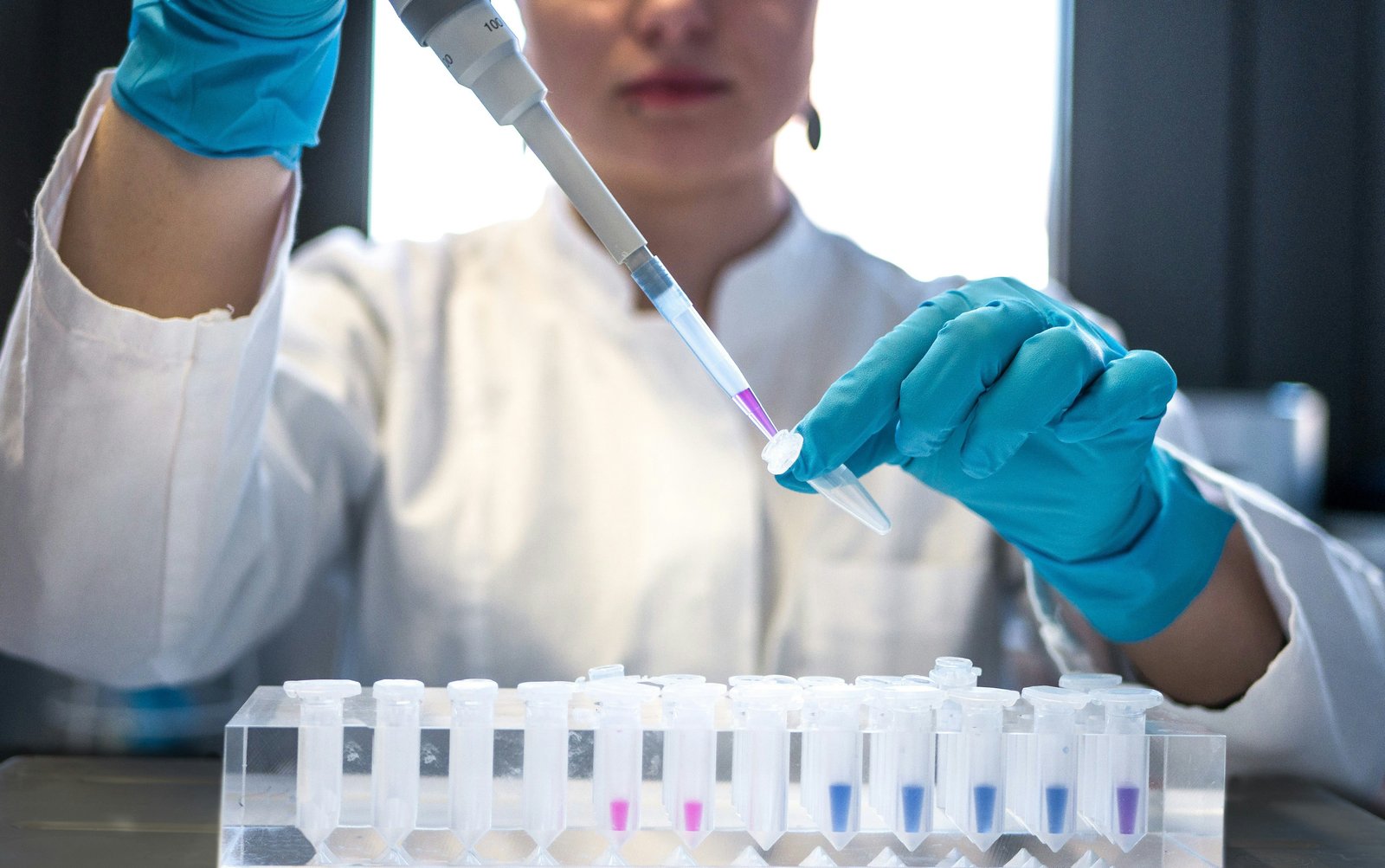 En forskare i laboratorierock och blå handskar för över lila vätska till ett provrör med en pipett.